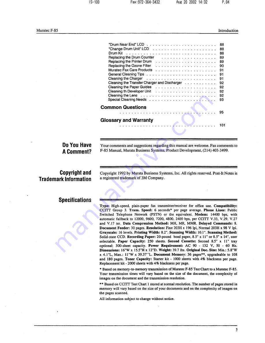 Muratec F-85 Operating Instructions Manual Download Page 4