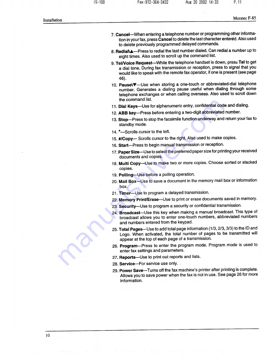 Muratec F-85 Operating Instructions Manual Download Page 11