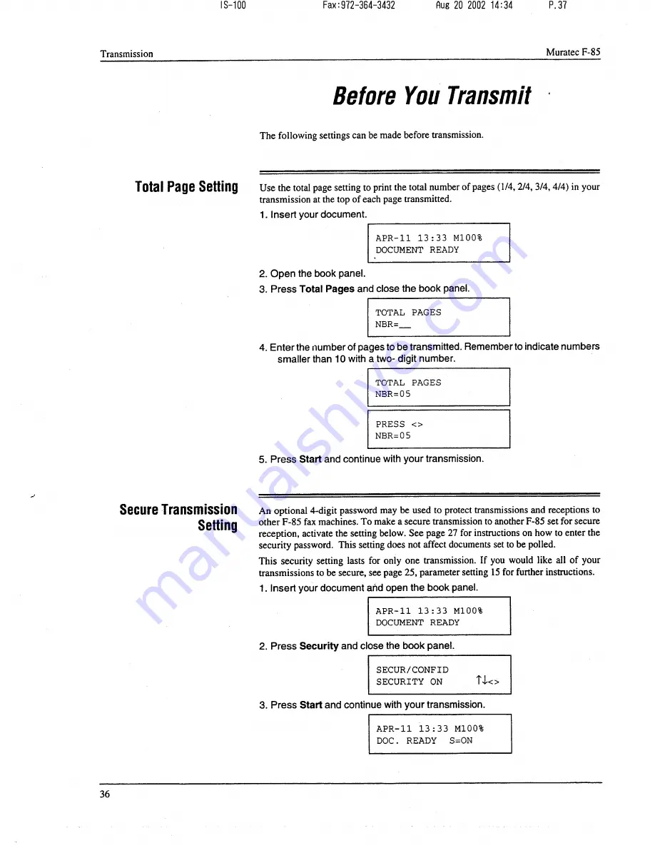 Muratec F-85 Operating Instructions Manual Download Page 37