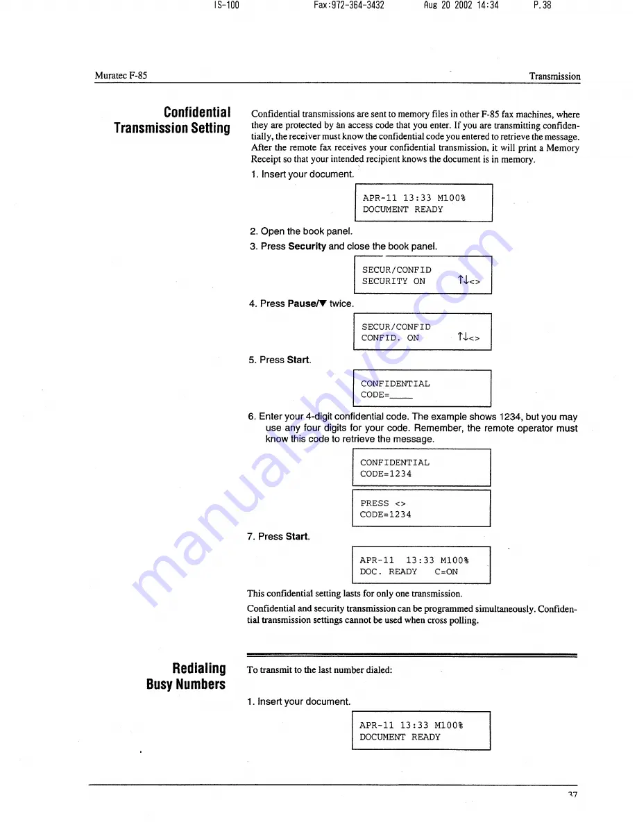 Muratec F-85 Operating Instructions Manual Download Page 38