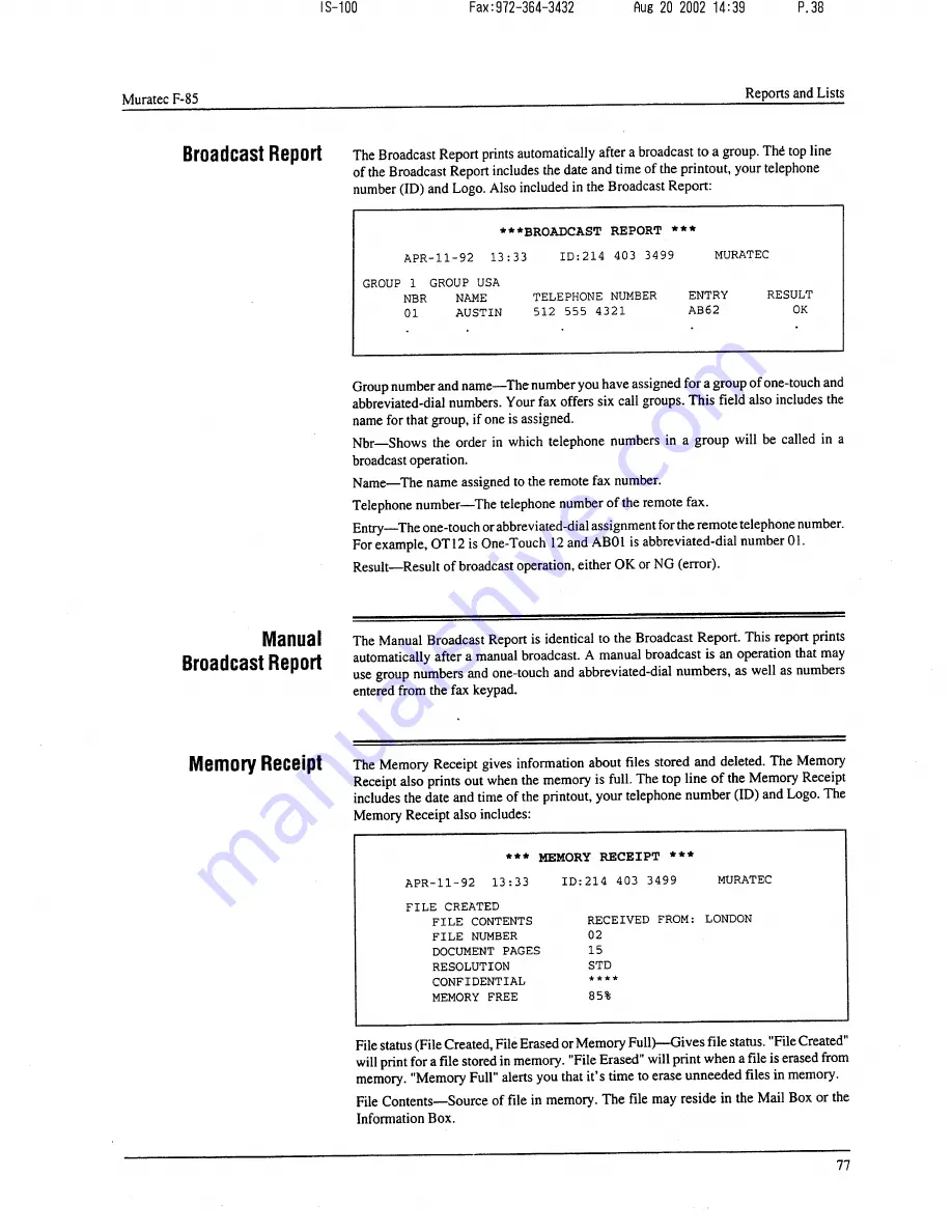 Muratec F-85 Operating Instructions Manual Download Page 78