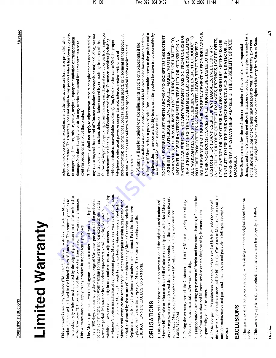 Muratec M-1220 Operating Instructions Manual Download Page 44