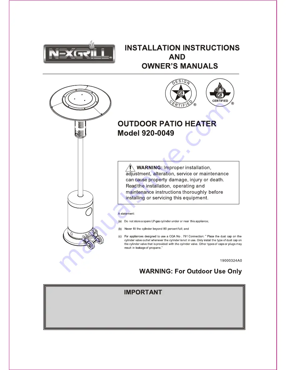 Nexgrill 920-0049 Installation Instructions And Owner'S Manual Download Page 1