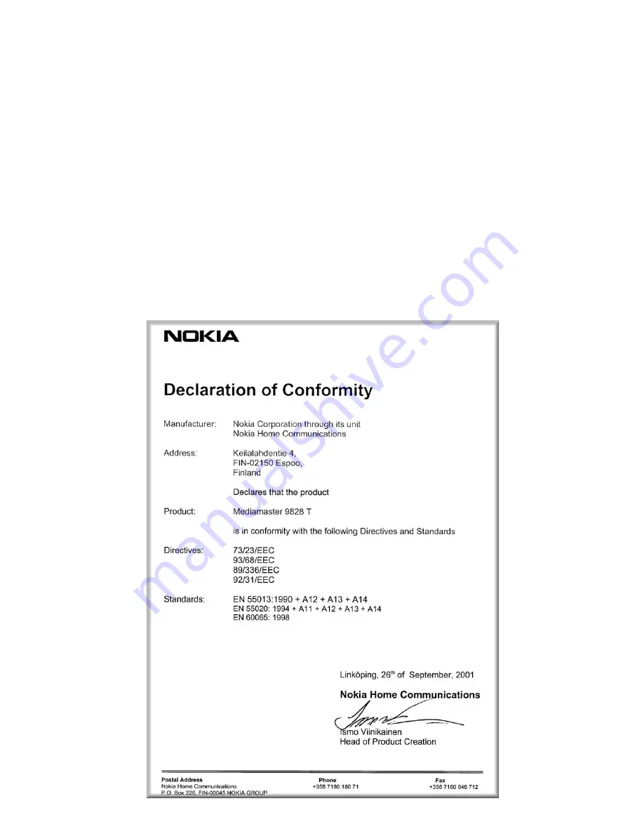 Nokia Mediamaster 9828 Owner'S Manual Download Page 2