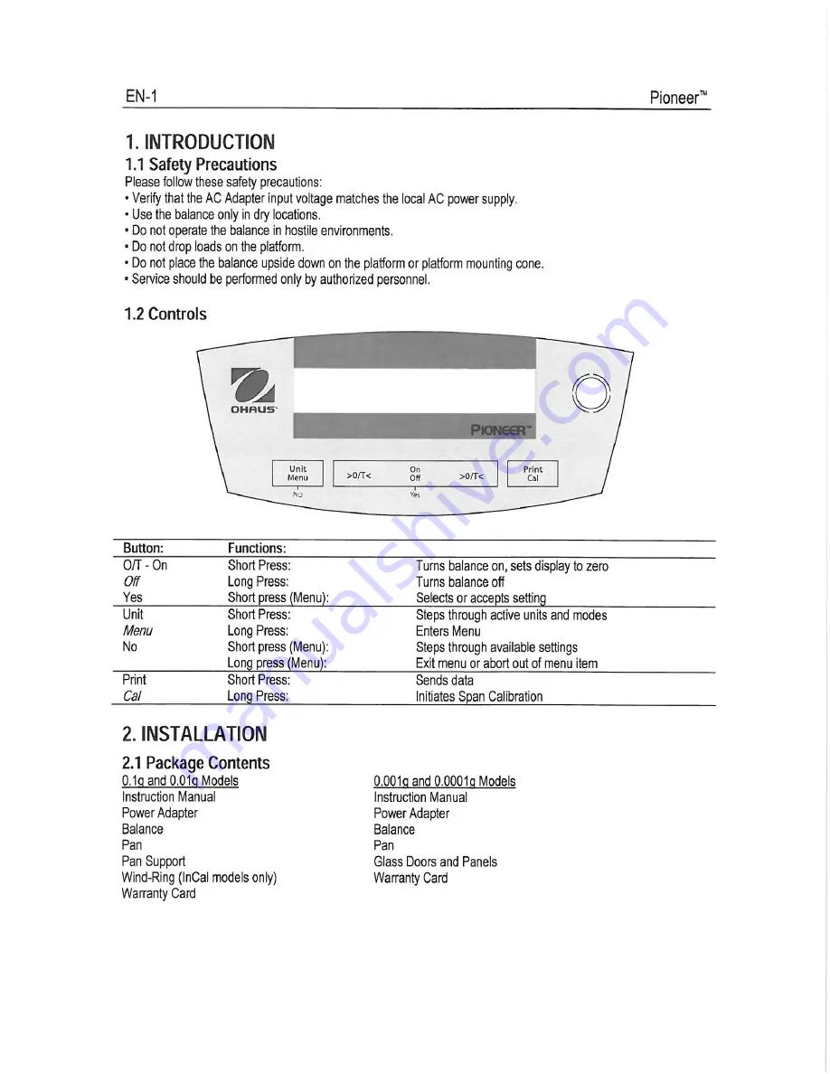 OHAUS Pioneer Balances Instruction Manual Download Page 2