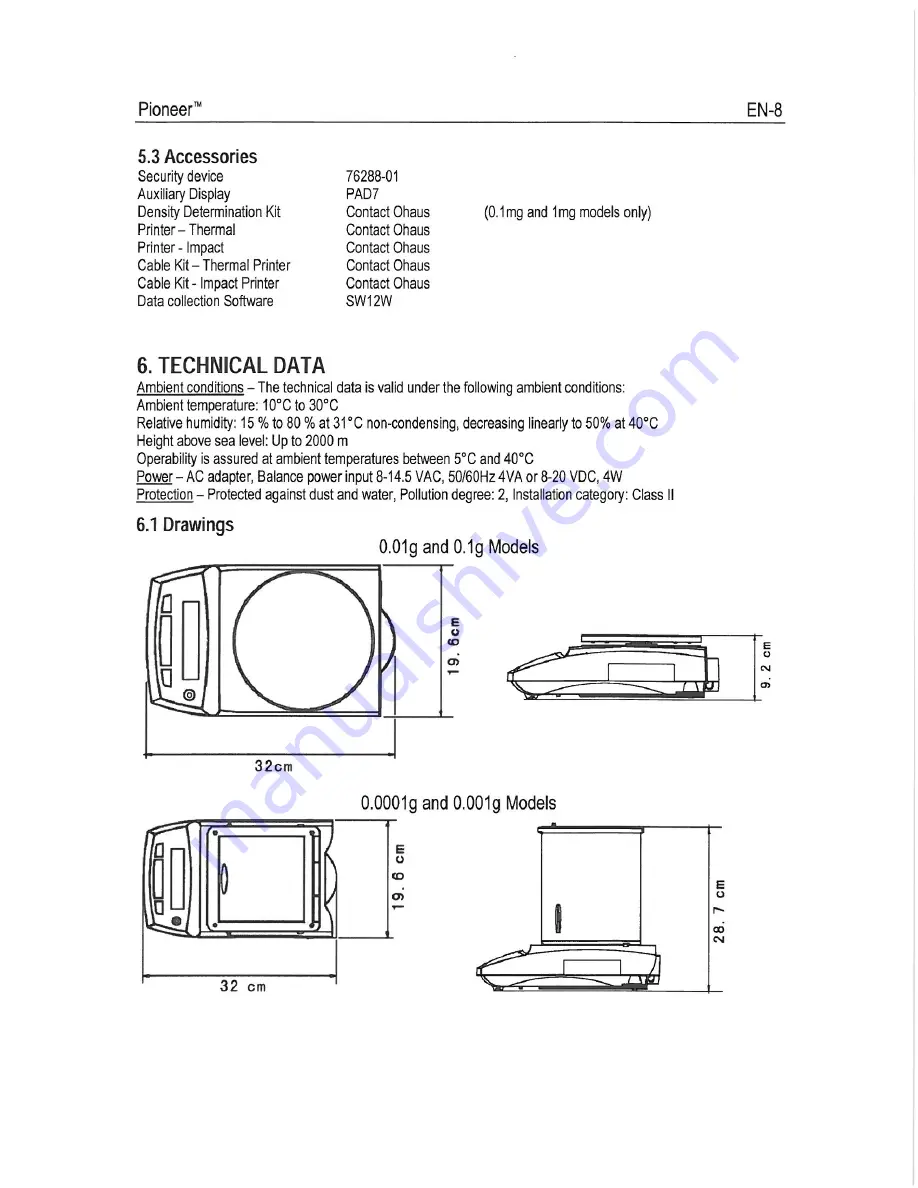 OHAUS Pioneer Balances Instruction Manual Download Page 9