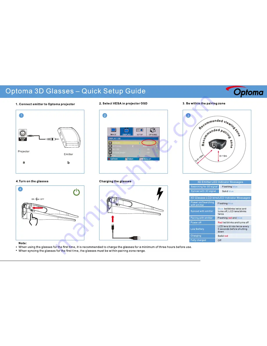 Optoma 3D Glasses Quick Setup Manual Download Page 1