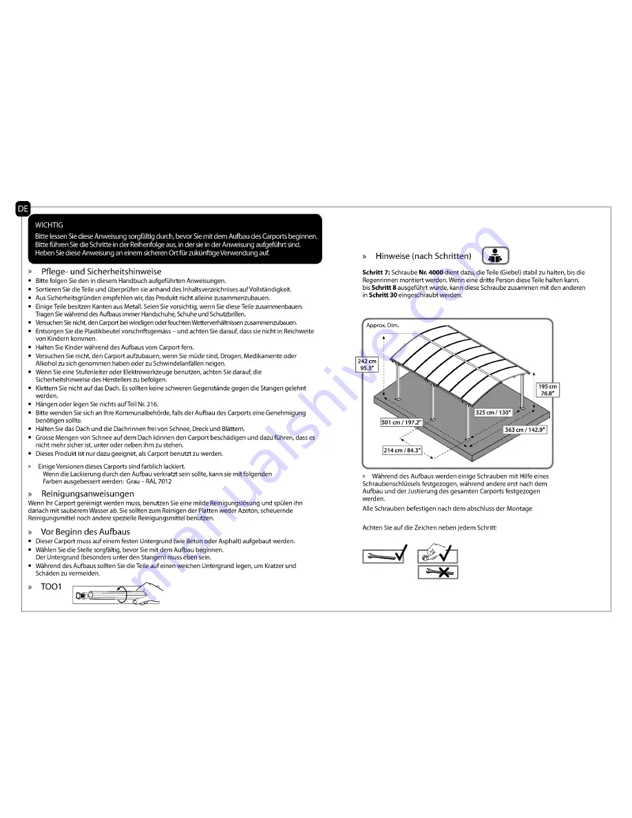 Palram Arcadia 5000 Carport Assembly Instructions Manual Download Page 4