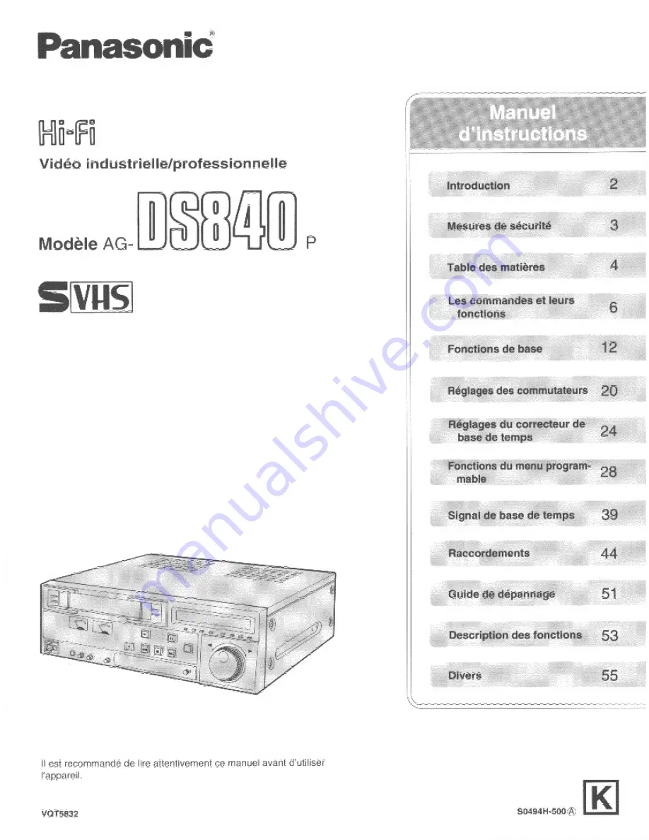 Panasonic AGDS840 - SVHS VIDEO PLAYER Operating Instructions Manual Download Page 59