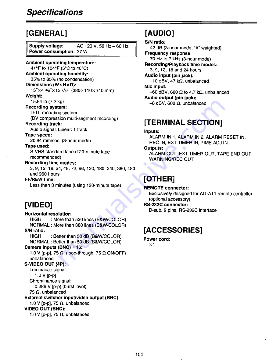 Panasonic AGDTL1P - TIME LAPSE RECORDER Operating Instructions Manual Download Page 104