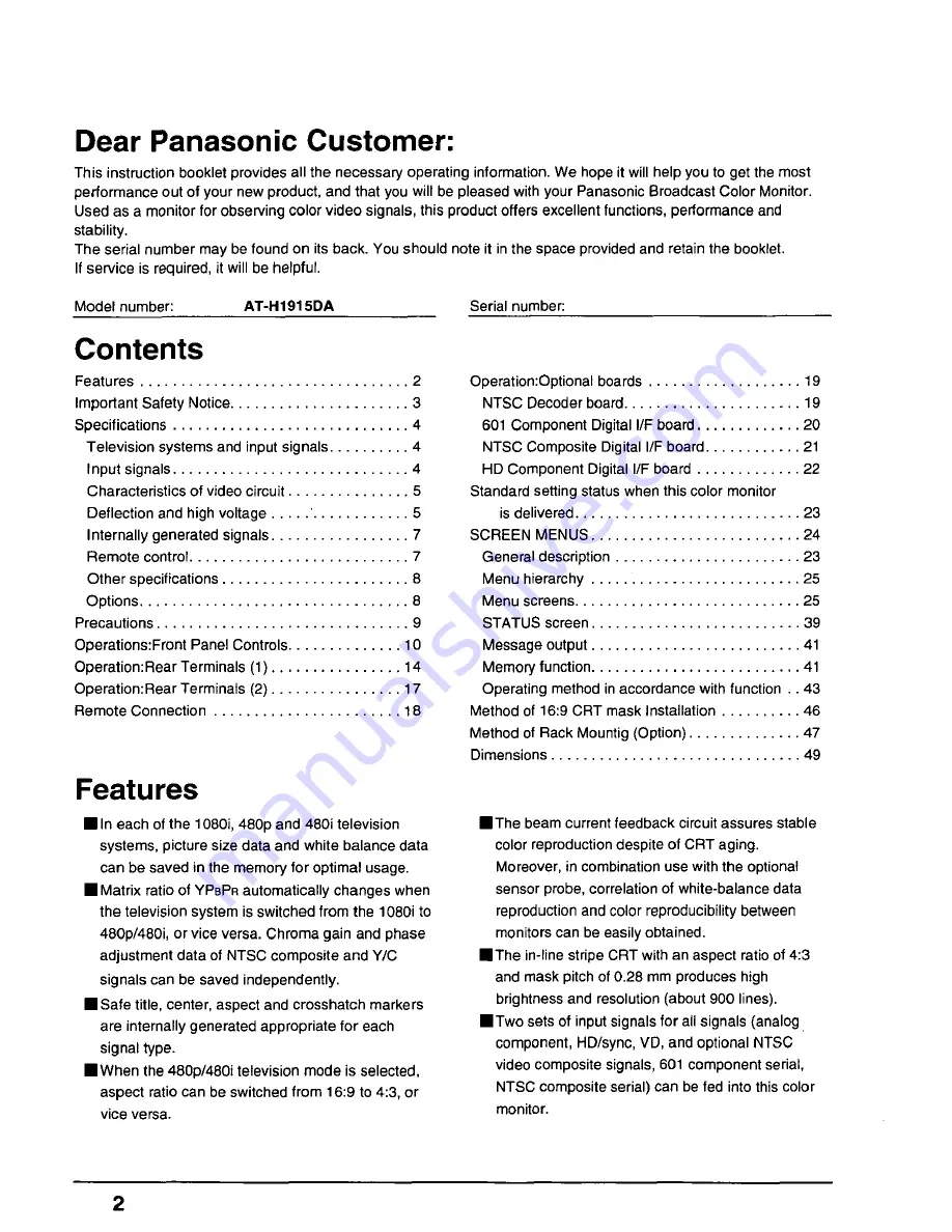 Panasonic ATH1915DA - BROADCAST MONITOR Operating Instructions Manual Download Page 2