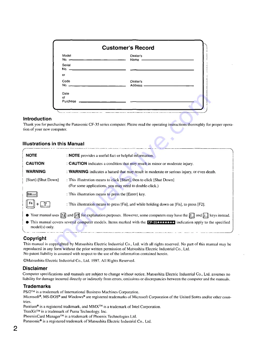 Panasonic CF35EJC4BAM - NOTEBOOK COMPUTER SERIES User Manual Download Page 2