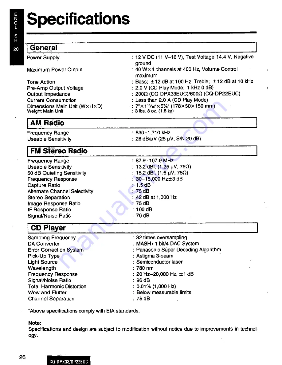 Panasonic CQ-DP22 Operating Operating Instructions Manual Download Page 26