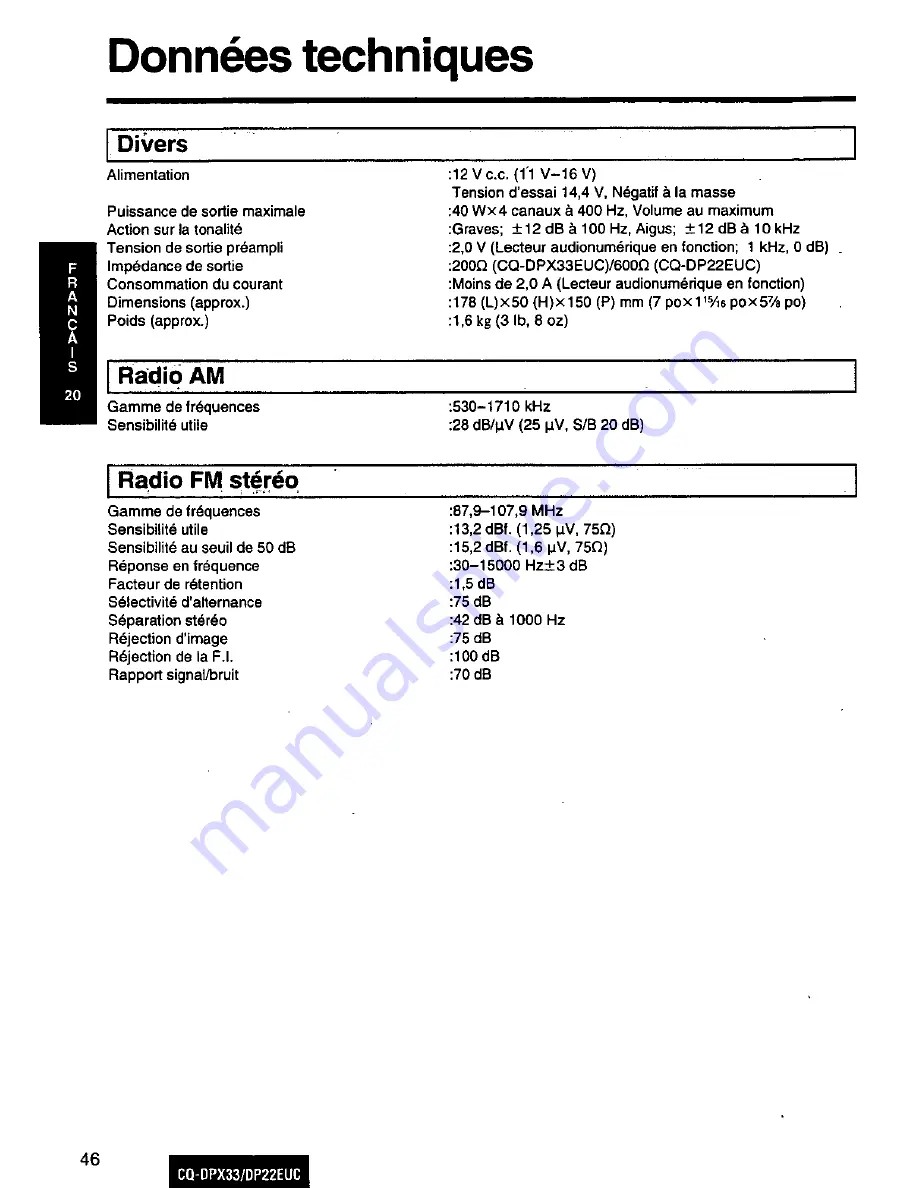 Panasonic CQ-DP22 Operating Скачать руководство пользователя страница 46