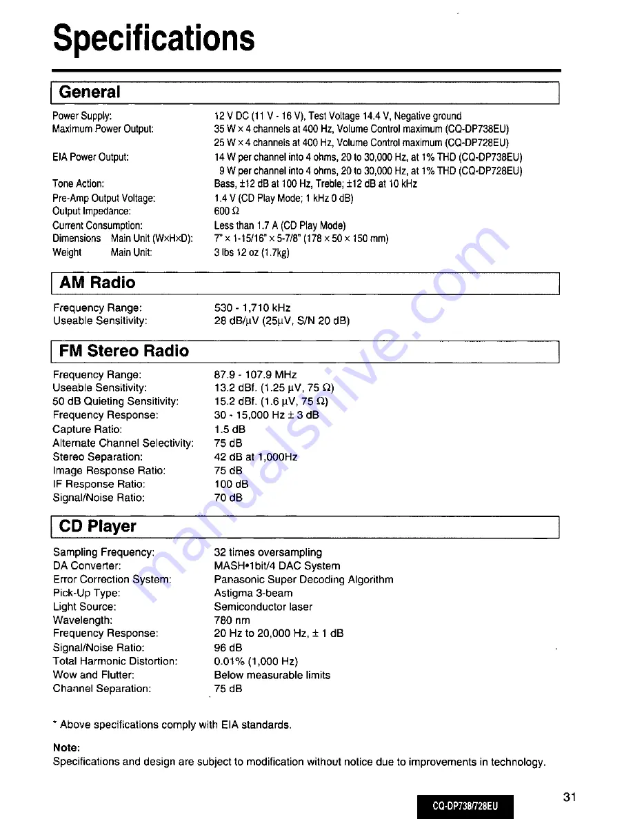 Panasonic CQ-DP728EU User Manual Download Page 31