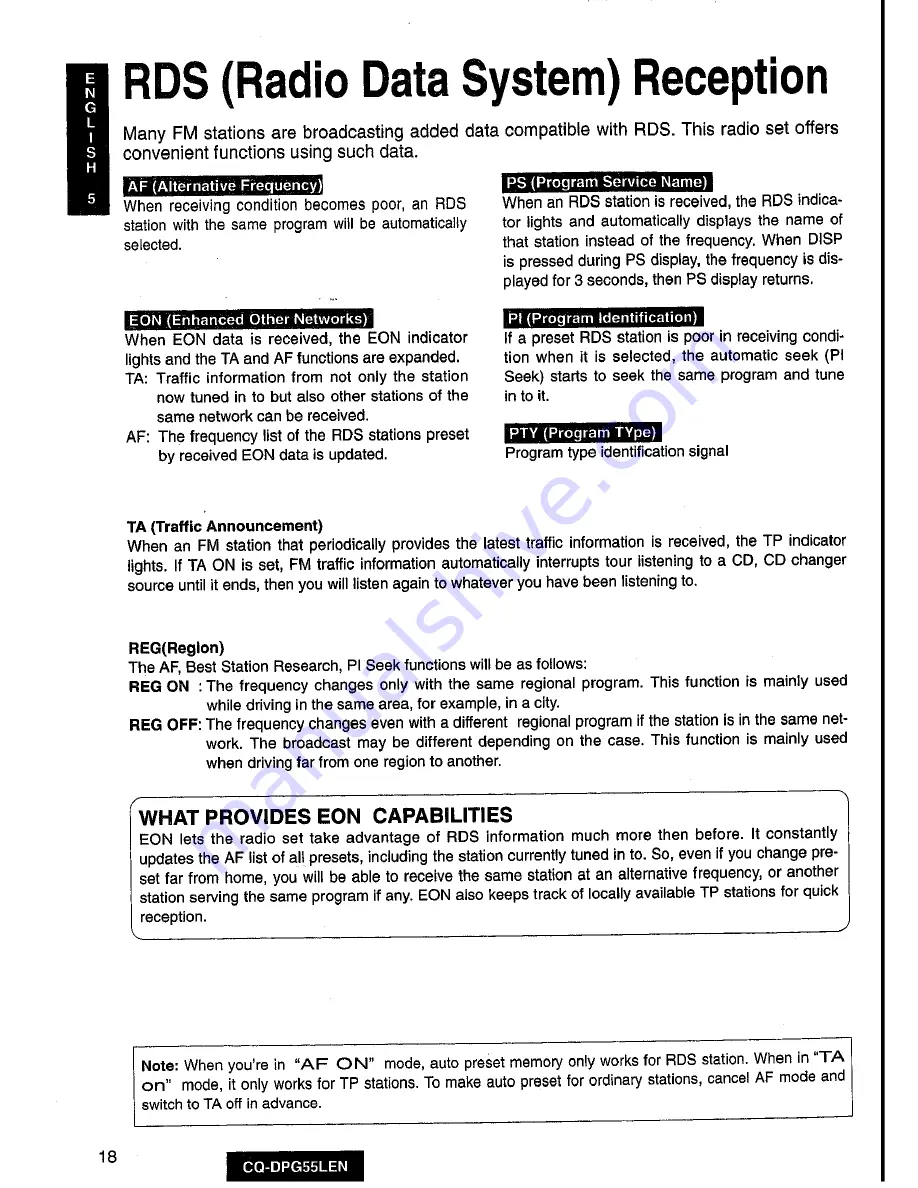 Panasonic cq-dpg55len Operating Instructions Manual Download Page 18