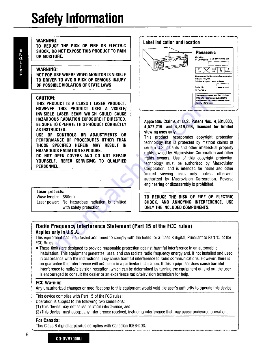 Panasonic CQ-DVR7000U Operating Manual Download Page 6