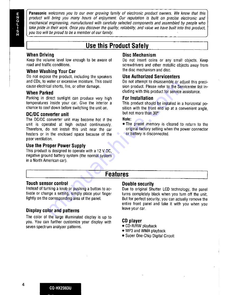 Panasonic CQ-HX2083U Operating Manual Download Page 4