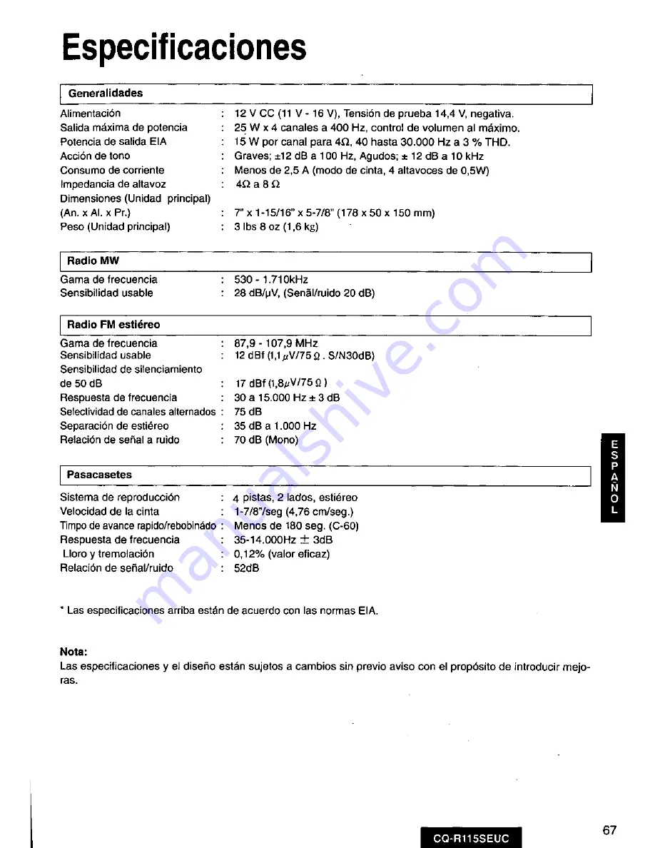 Panasonic CQ-R115SEUC Operating Manual Download Page 67