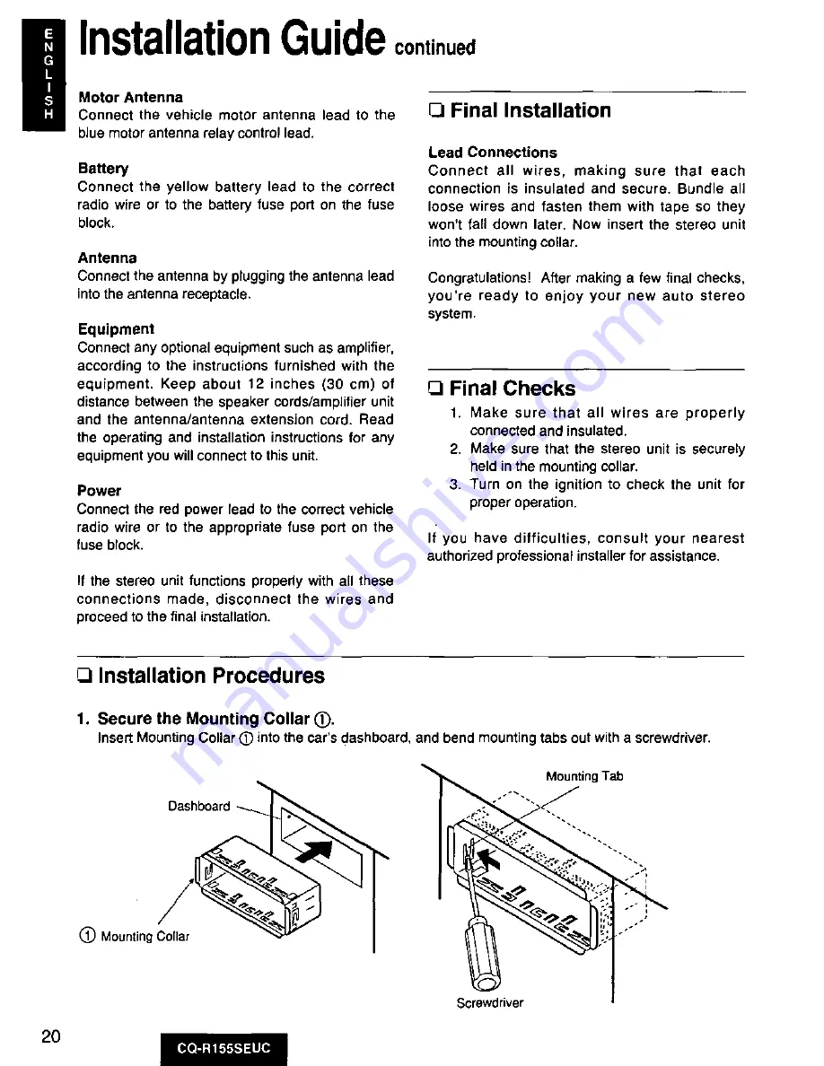 Panasonic CQ-R155 Operating Operating Instructions Manual Download Page 20