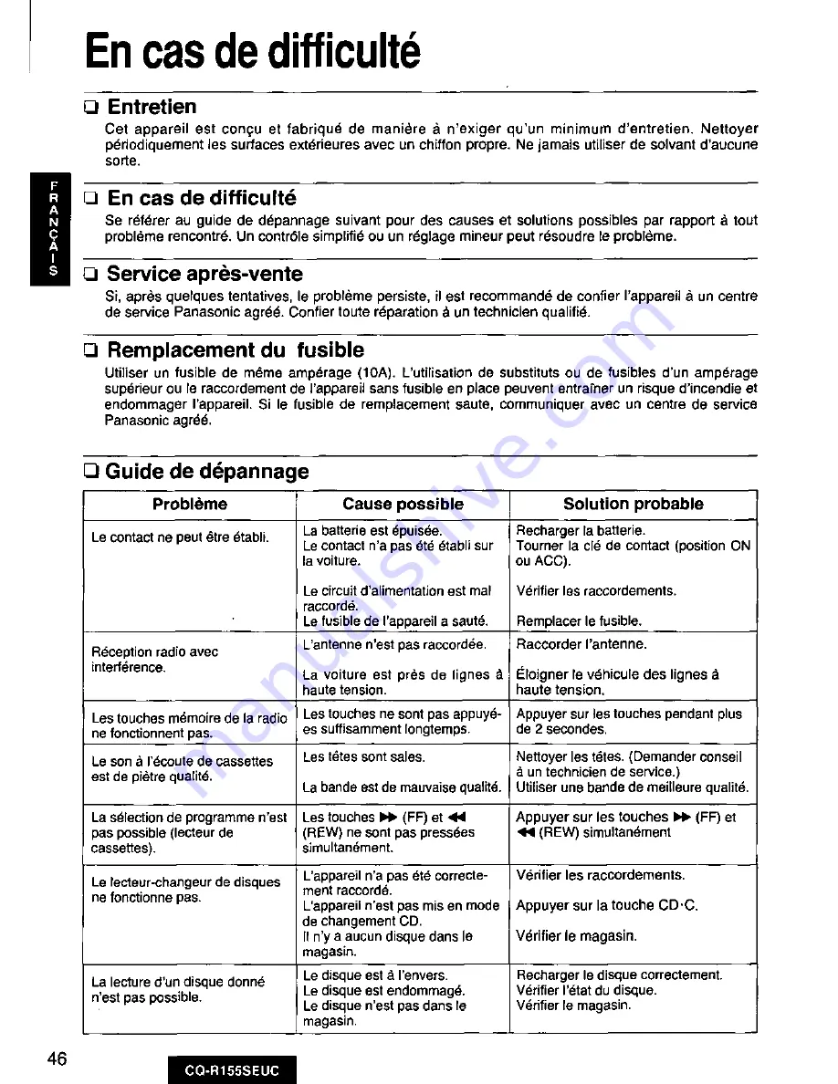 Panasonic CQ-R155 Operating Operating Instructions Manual Download Page 46