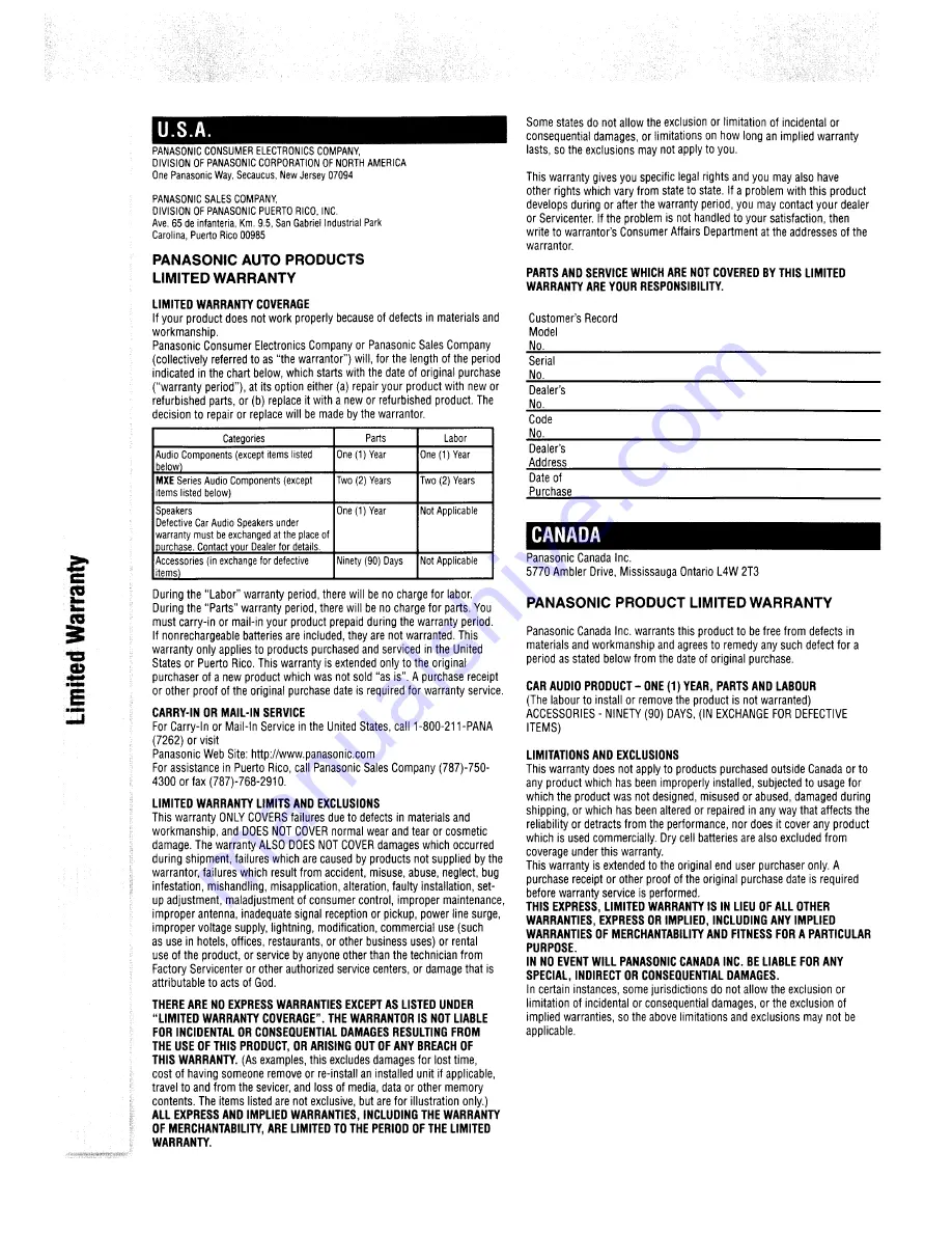 Panasonic CQ-RX100L Operating Instructions Manual Download Page 5