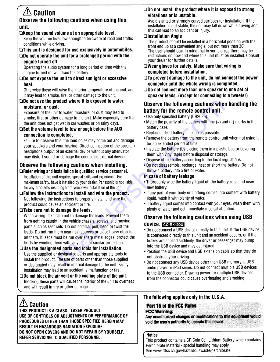 Panasonic CQ-RX100L Operating Instructions Manual Download Page 7