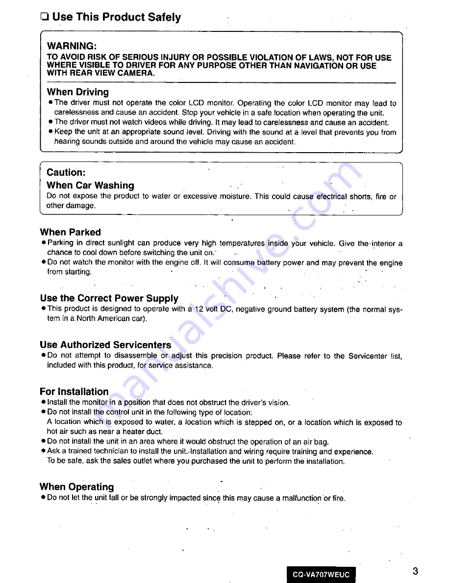 Panasonic CQ-VA707W Operating Manual Download Page 3