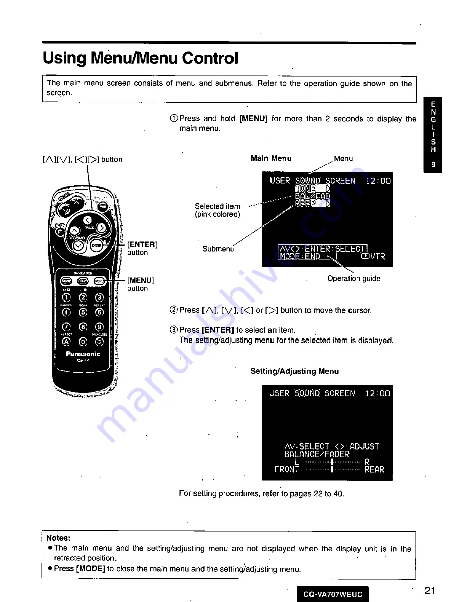 Panasonic CQ-VA707W Operating Manual Download Page 21