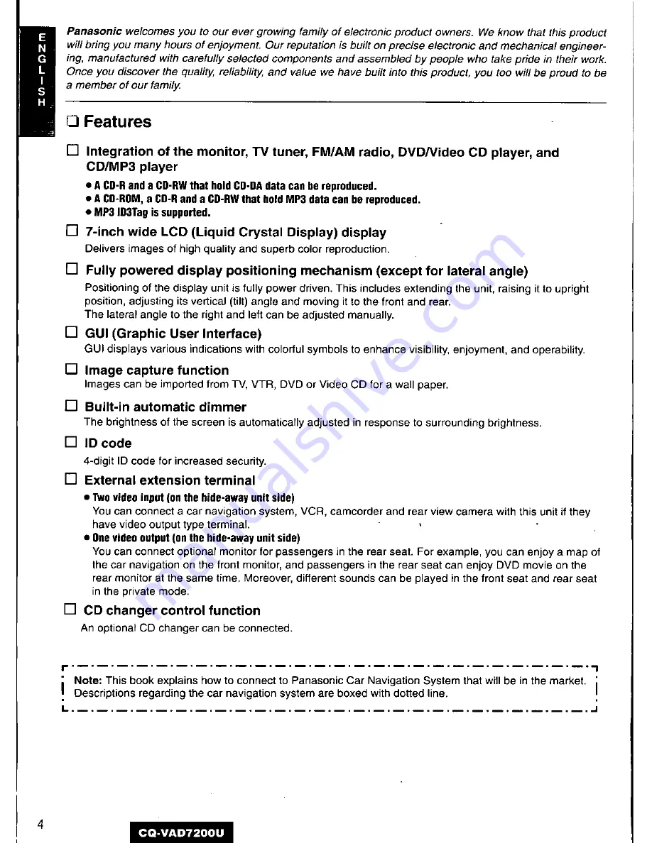 Panasonic CQ-VAD7200U Operating Manual Download Page 4