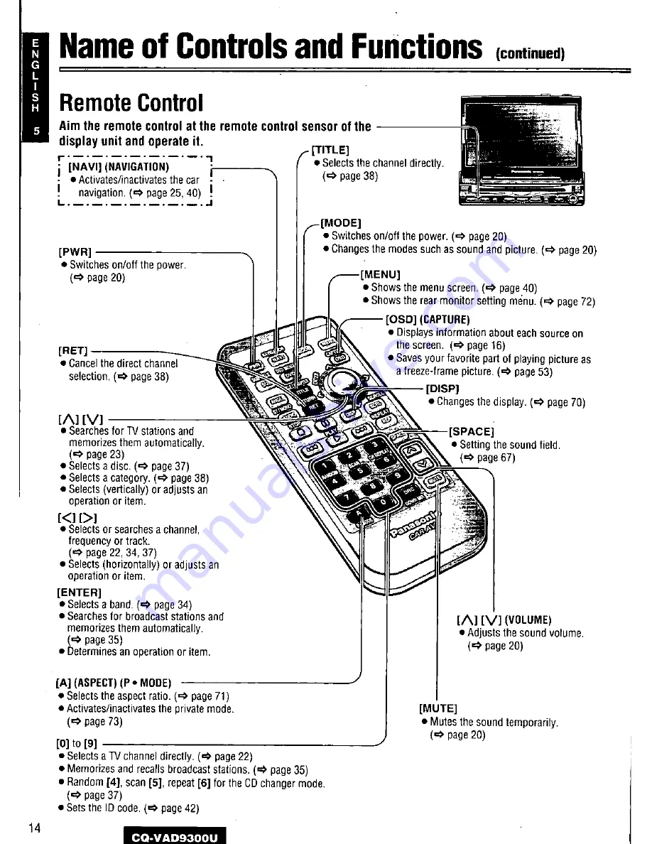 Panasonic CQ-VAD9300U Скачать руководство пользователя страница 14