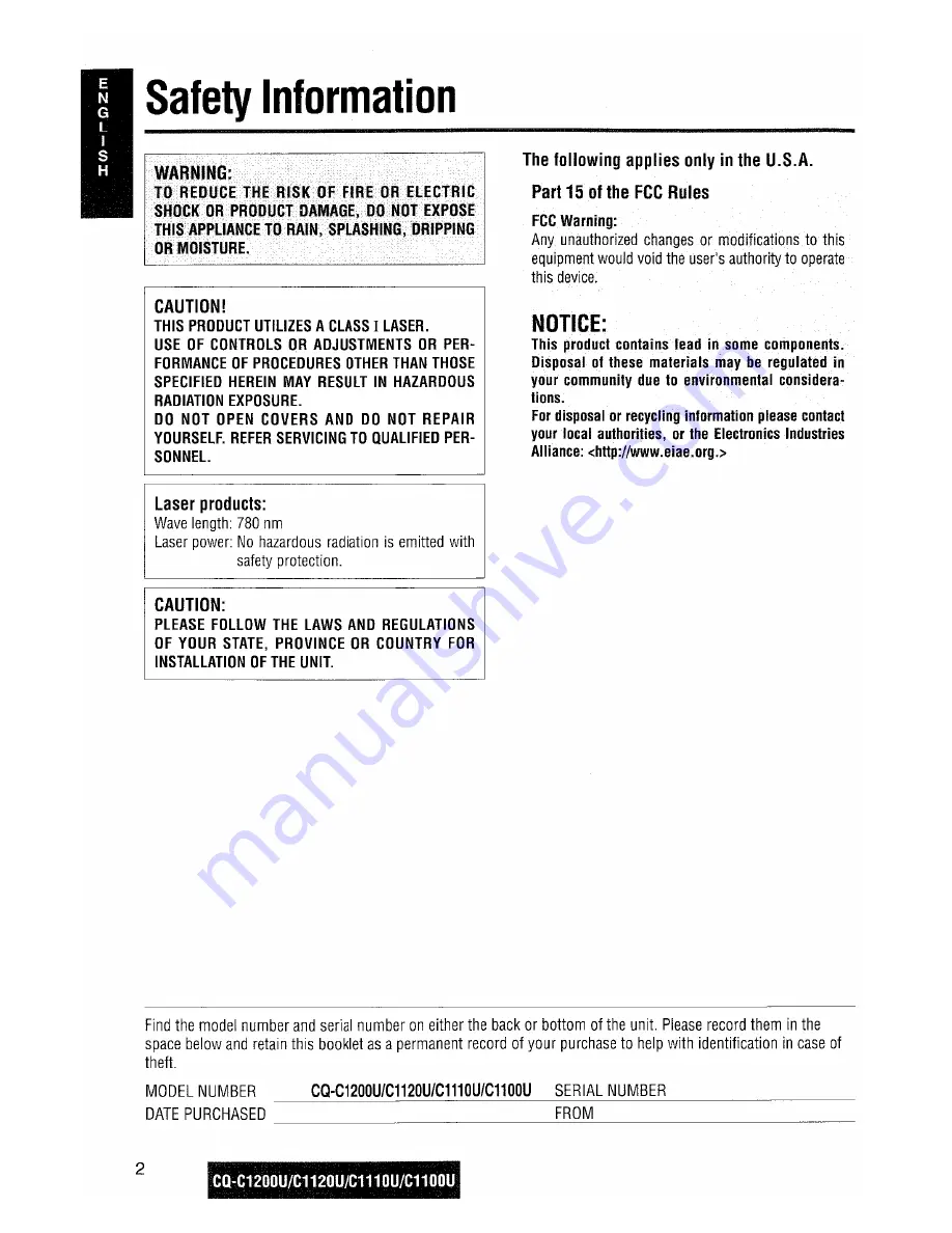 Panasonic CQC1100U - AUTO RADIO/CD DECK Operating Instructions Manual Download Page 2