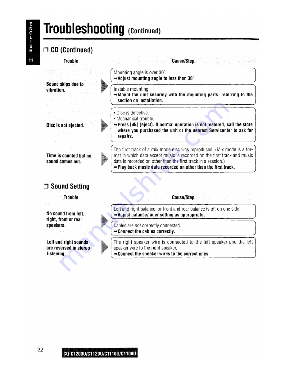 Panasonic CQC1100U - AUTO RADIO/CD DECK Operating Instructions Manual Download Page 22