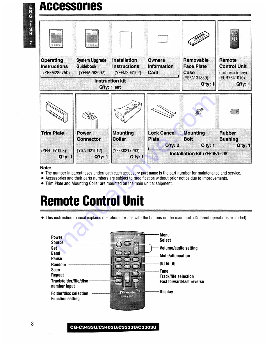 Panasonic CQC3303U - AUTO RADIO/CD DECK Скачать руководство пользователя страница 8