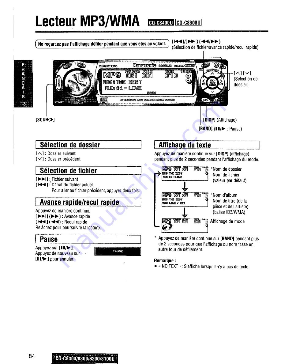 Panasonic CQC8100U - AUTO RADIO/CD DECK Operating Instructions Manual Download Page 84