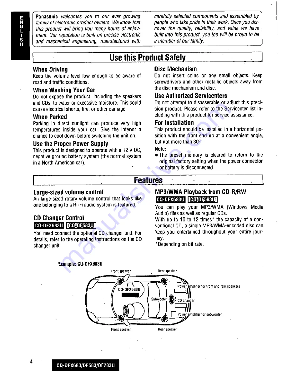 Panasonic CQDF203U - AUTO RADIO/CD DECK Operating Instructions Manual Download Page 4