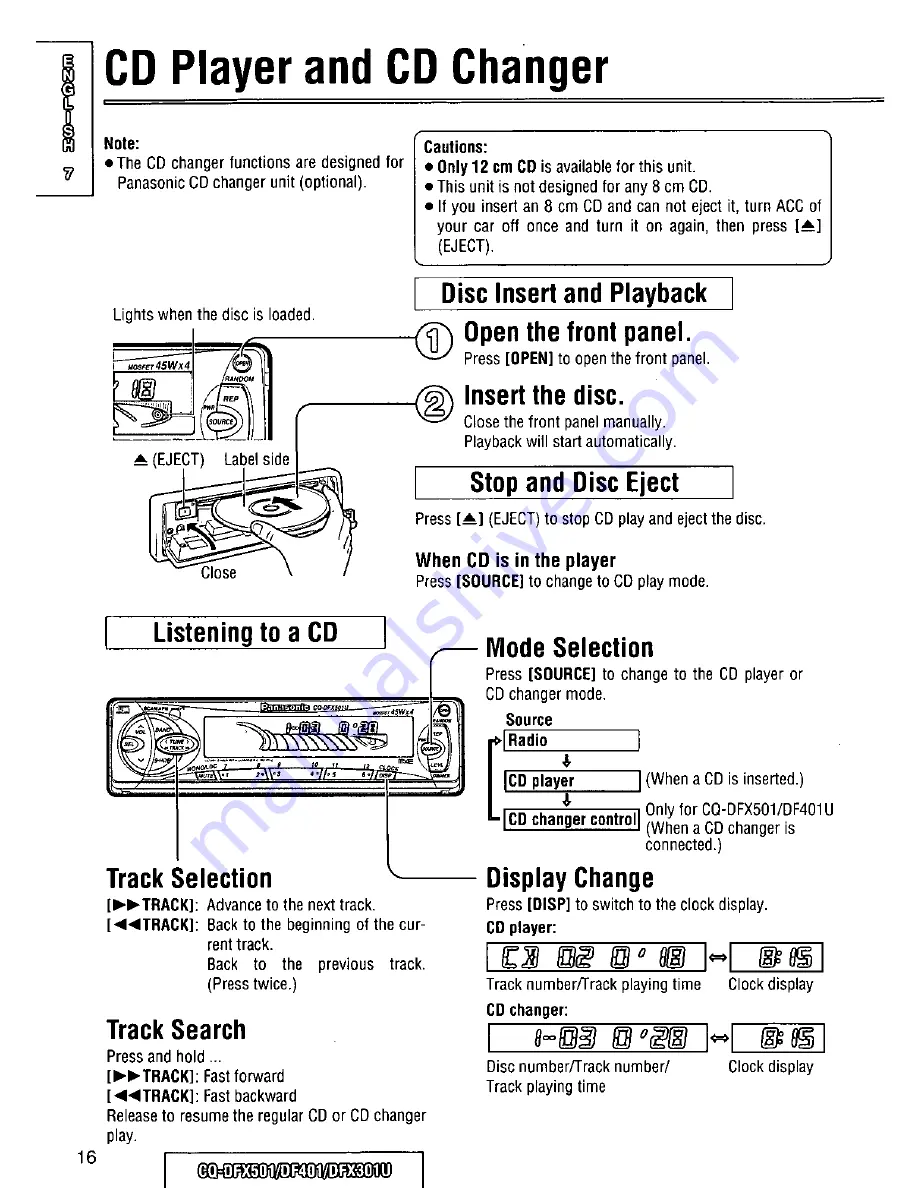 Panasonic CQDF401U - AUTO RADIO/CD DECK Operating Instructions Manual Download Page 16