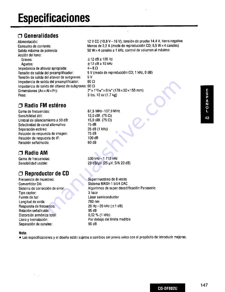 Panasonic CQDF802U - AUTO RADIO/CD DECK Operating Instructions Manual Download Page 147