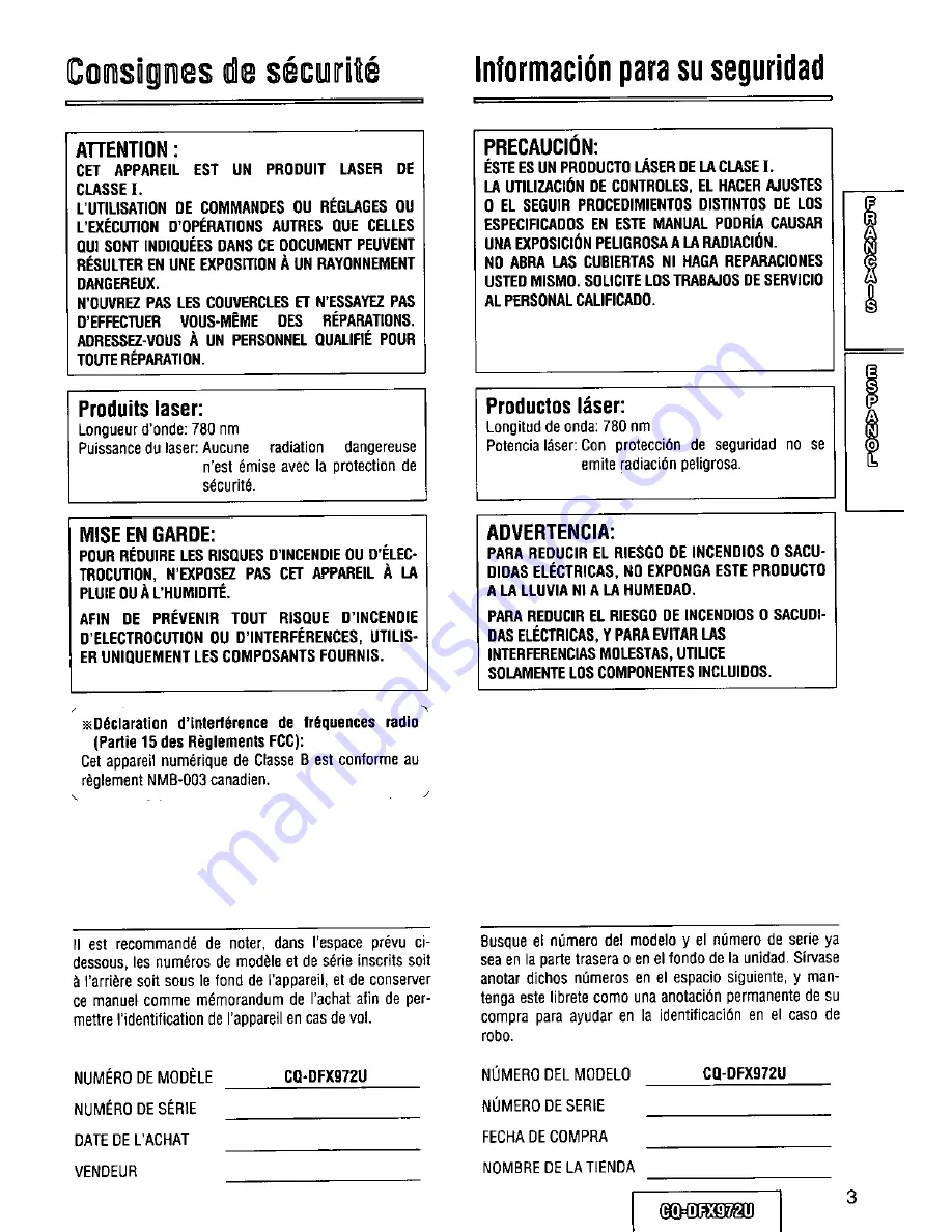 Panasonic CQDFX972U - AUTO RADIO/CD DECK Operating Instructions Manual Download Page 3