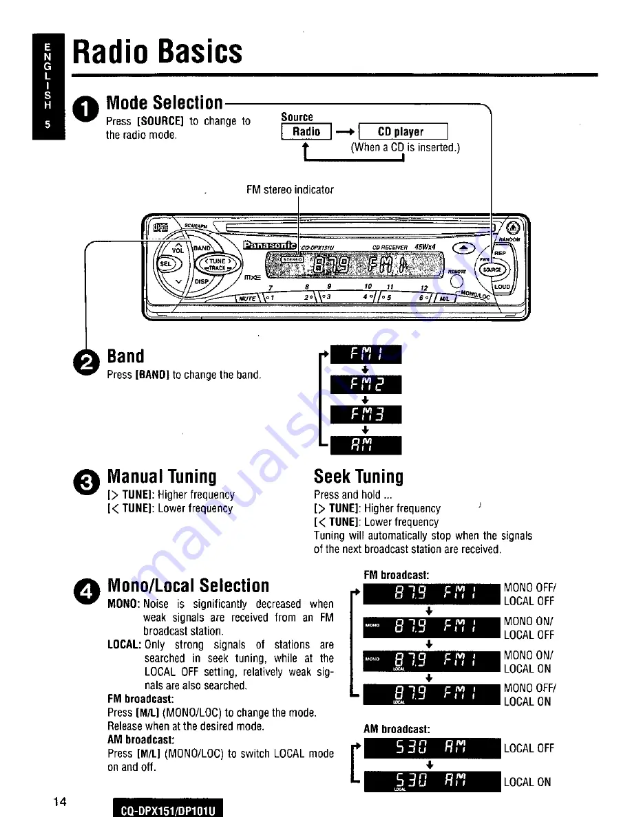 Panasonic CQDP101U - AUTO RADIO/CD DECK Operating Instructions Manual Download Page 14