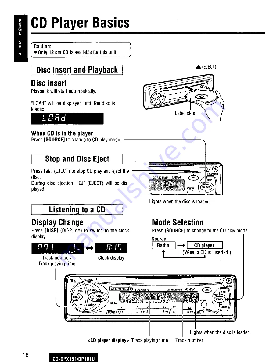 Panasonic CQDP101U - AUTO RADIO/CD DECK Скачать руководство пользователя страница 16