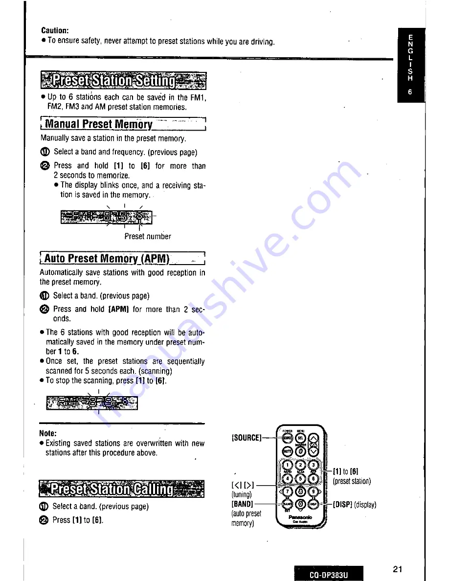 Panasonic CQDP383U - AUTO RADIO/CD DECK Скачать руководство пользователя страница 21