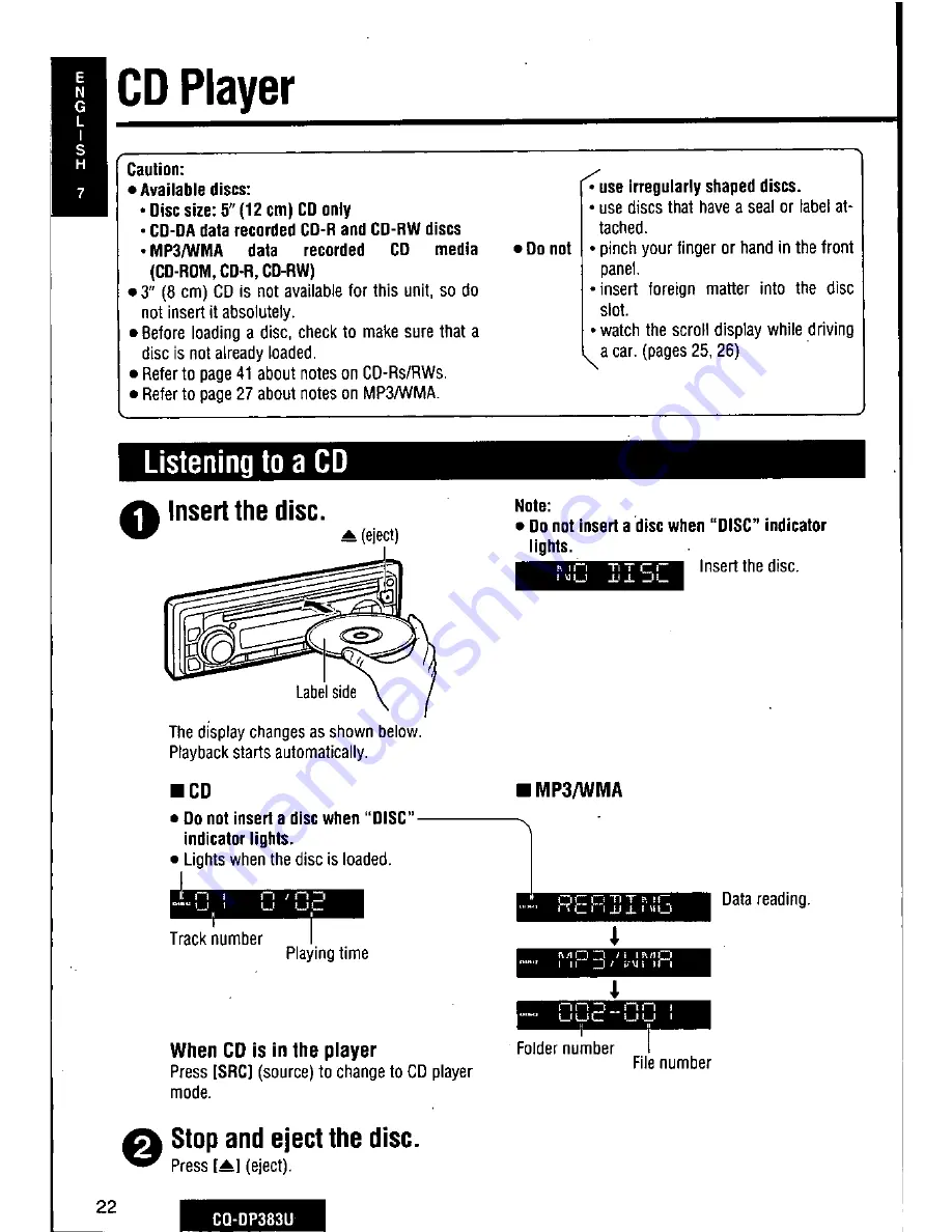 Panasonic CQDP383U - AUTO RADIO/CD DECK Скачать руководство пользователя страница 22