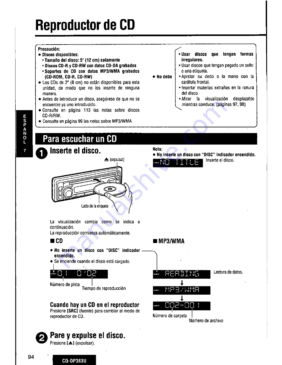 Panasonic CQDP383U - AUTO RADIO/CD DECK Скачать руководство пользователя страница 94