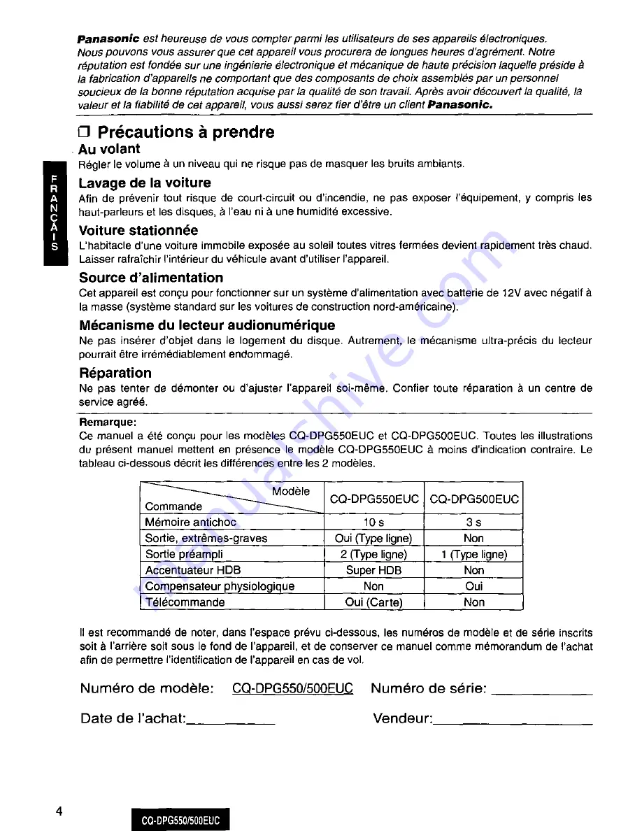 Panasonic CQDPG500EUC - AUTO RADIO/CD DECK Operating Instructions Manual Download Page 4