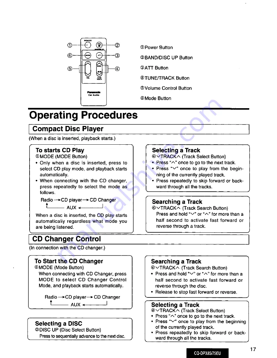 Panasonic CQDPX75EU - AUTO RADIO/CD DECK Operating Instructions Manual Download Page 17