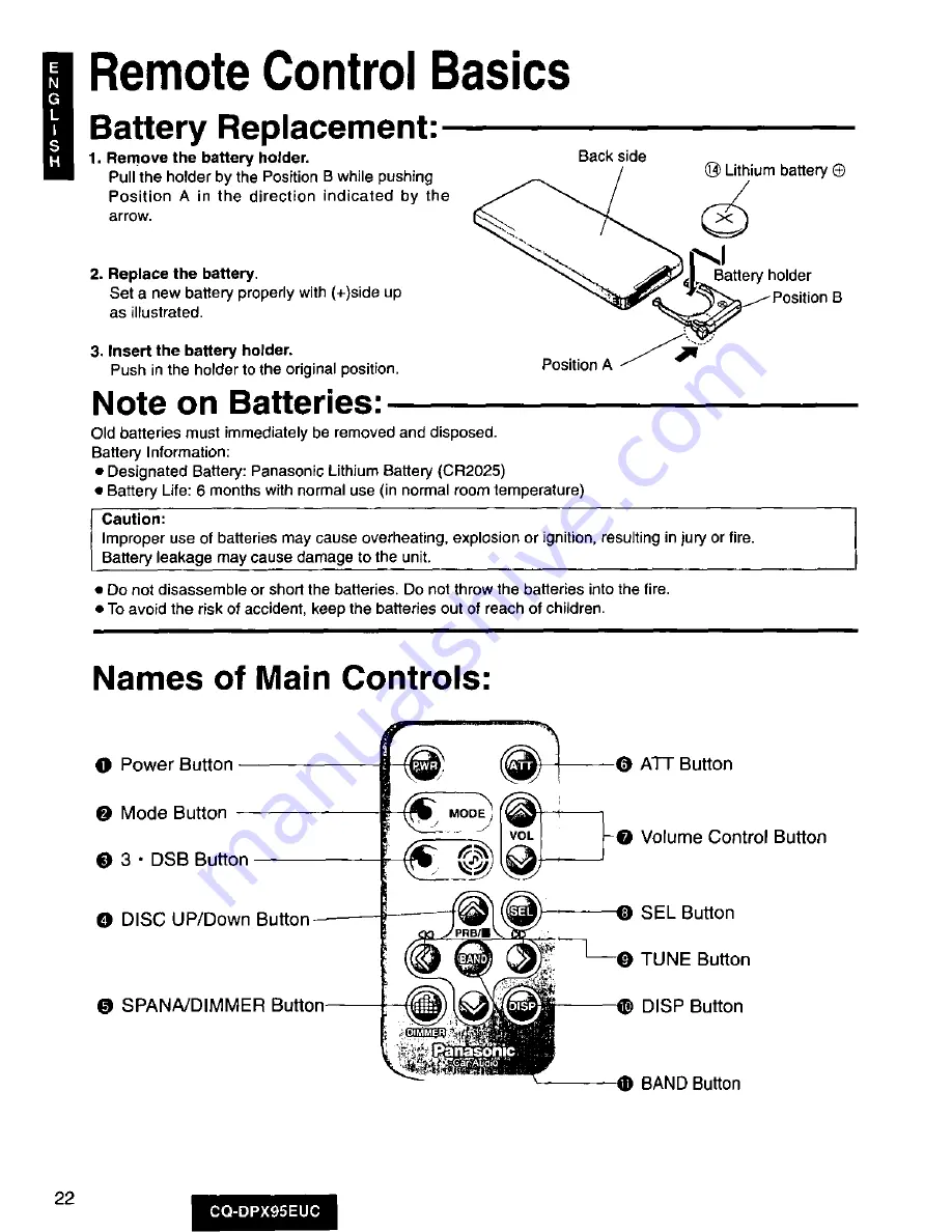 Panasonic CQDPX95EUC - AUTO RADIO/CD DECK Скачать руководство пользователя страница 22