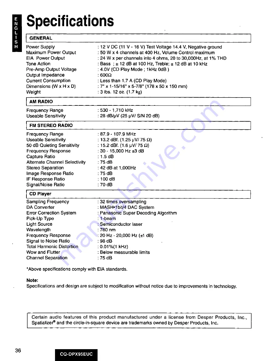 Panasonic CQDPX95EUC - AUTO RADIO/CD DECK Скачать руководство пользователя страница 36