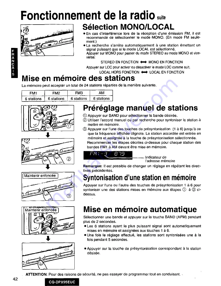 Panasonic CQDPX95EUC - AUTO RADIO/CD DECK Operating Instructions Manual Download Page 42