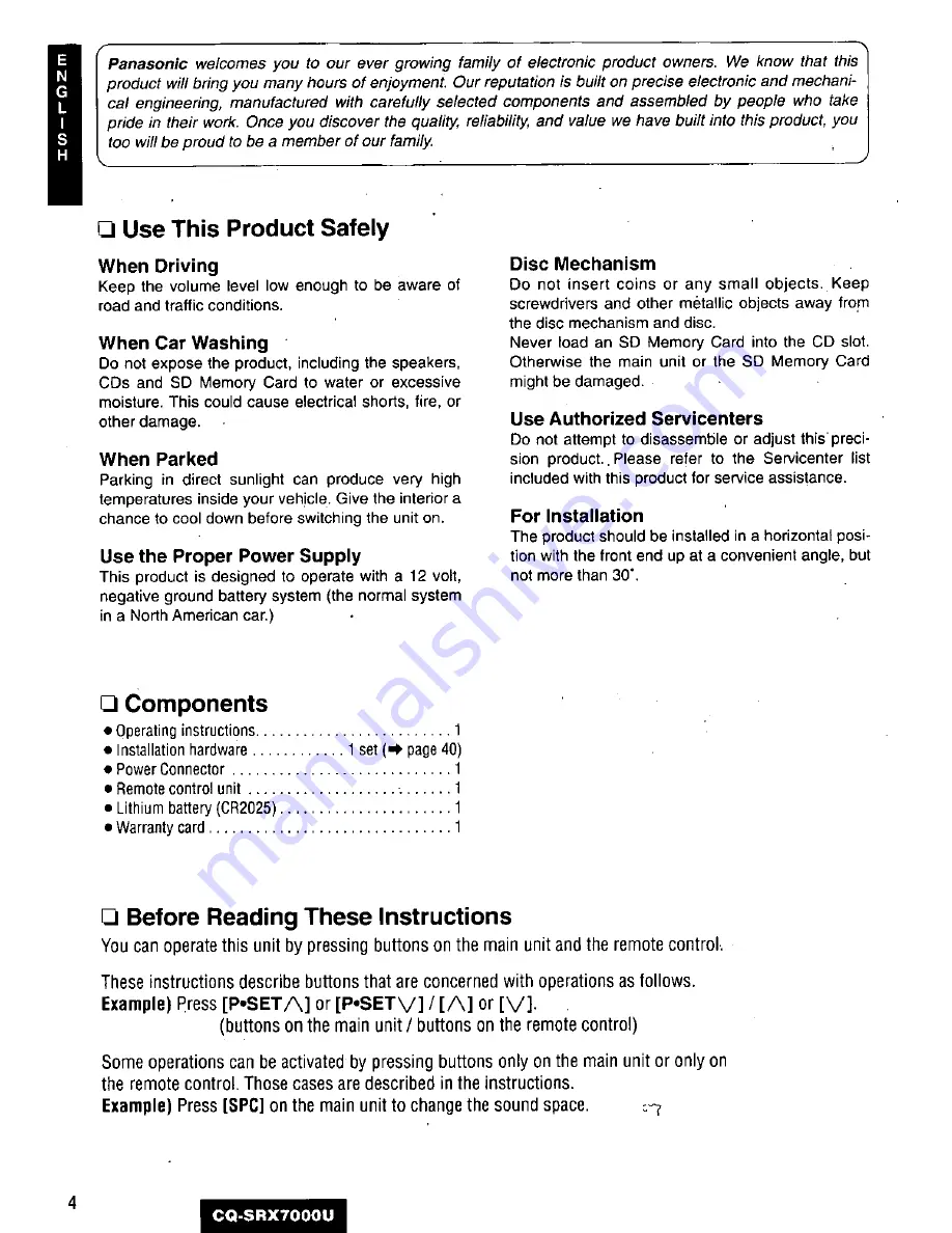 Panasonic CQSRX7000U - SD CAR AUDIO Operating Instructions Manual Download Page 4